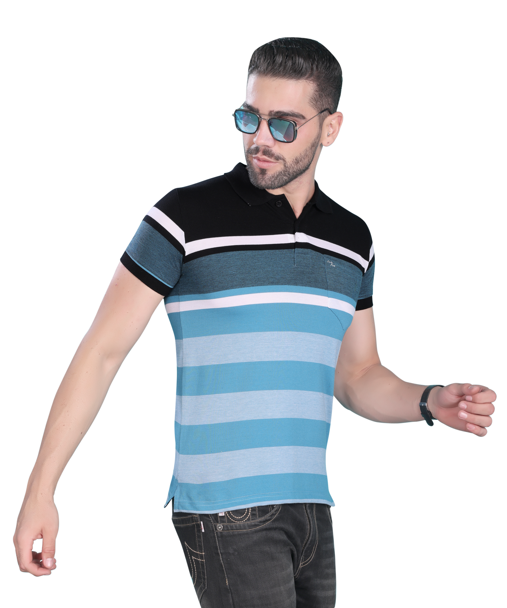 Matty Cotton Polo Multicolor T Shirt - Black & Blue