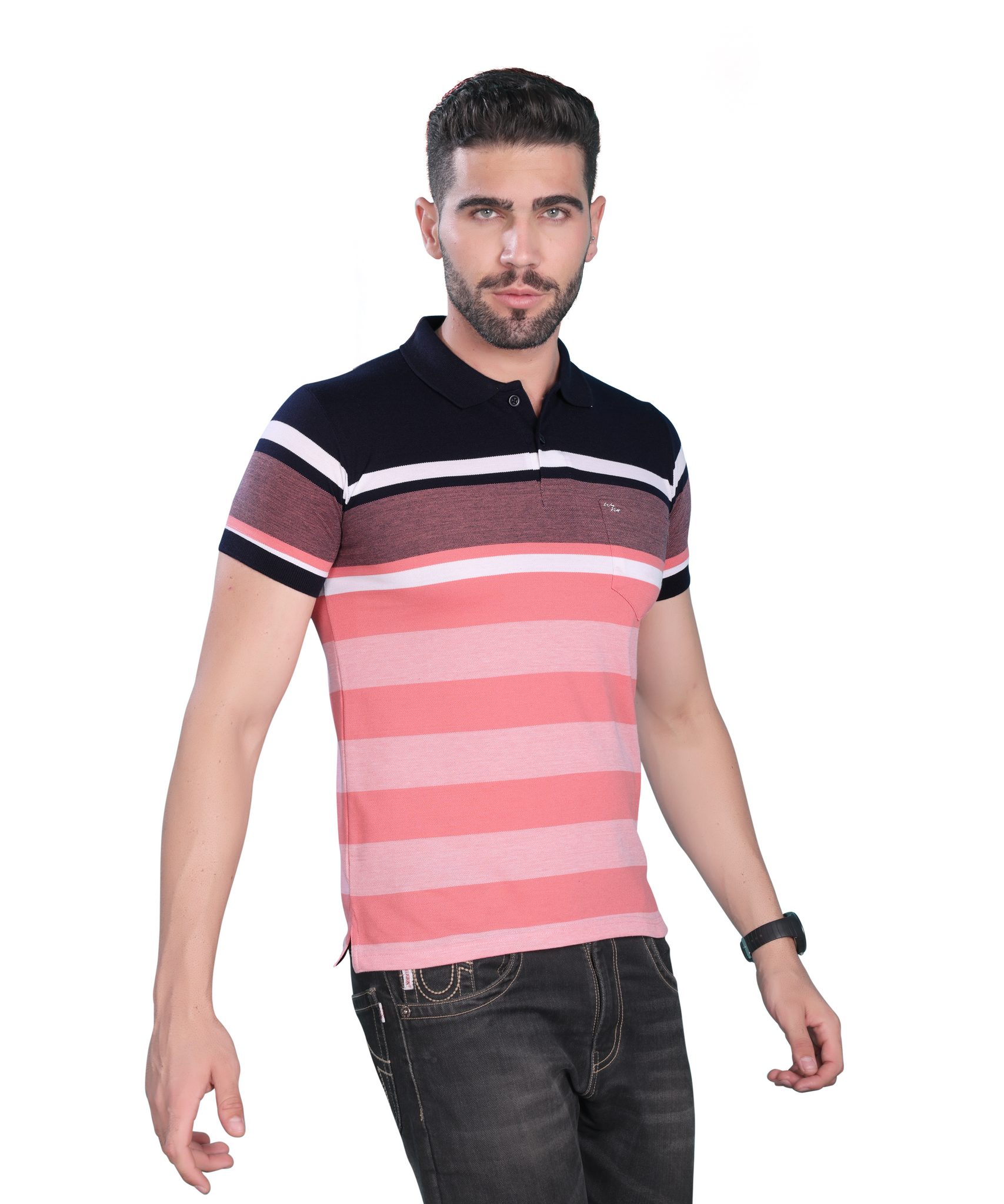 Matty Cotton Polo Multicolor T Shirt - Black & Pink