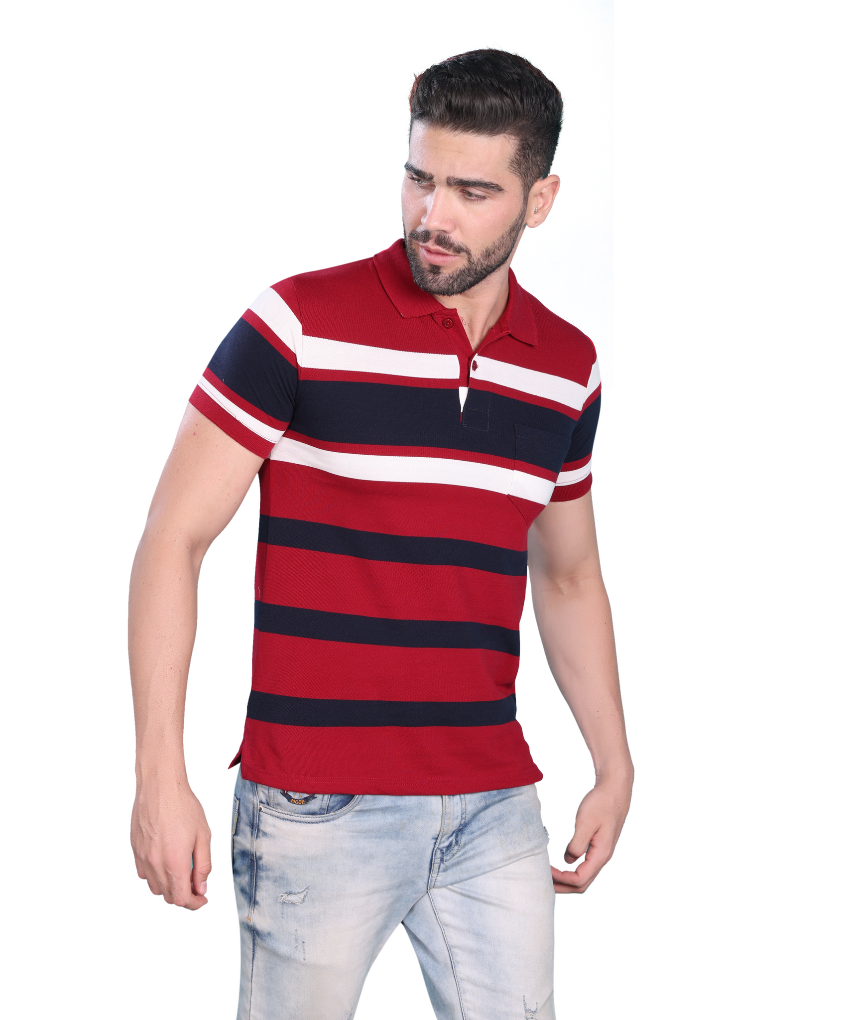 Matty Cotton Polo Multicolor T Shirt - Red & Blue