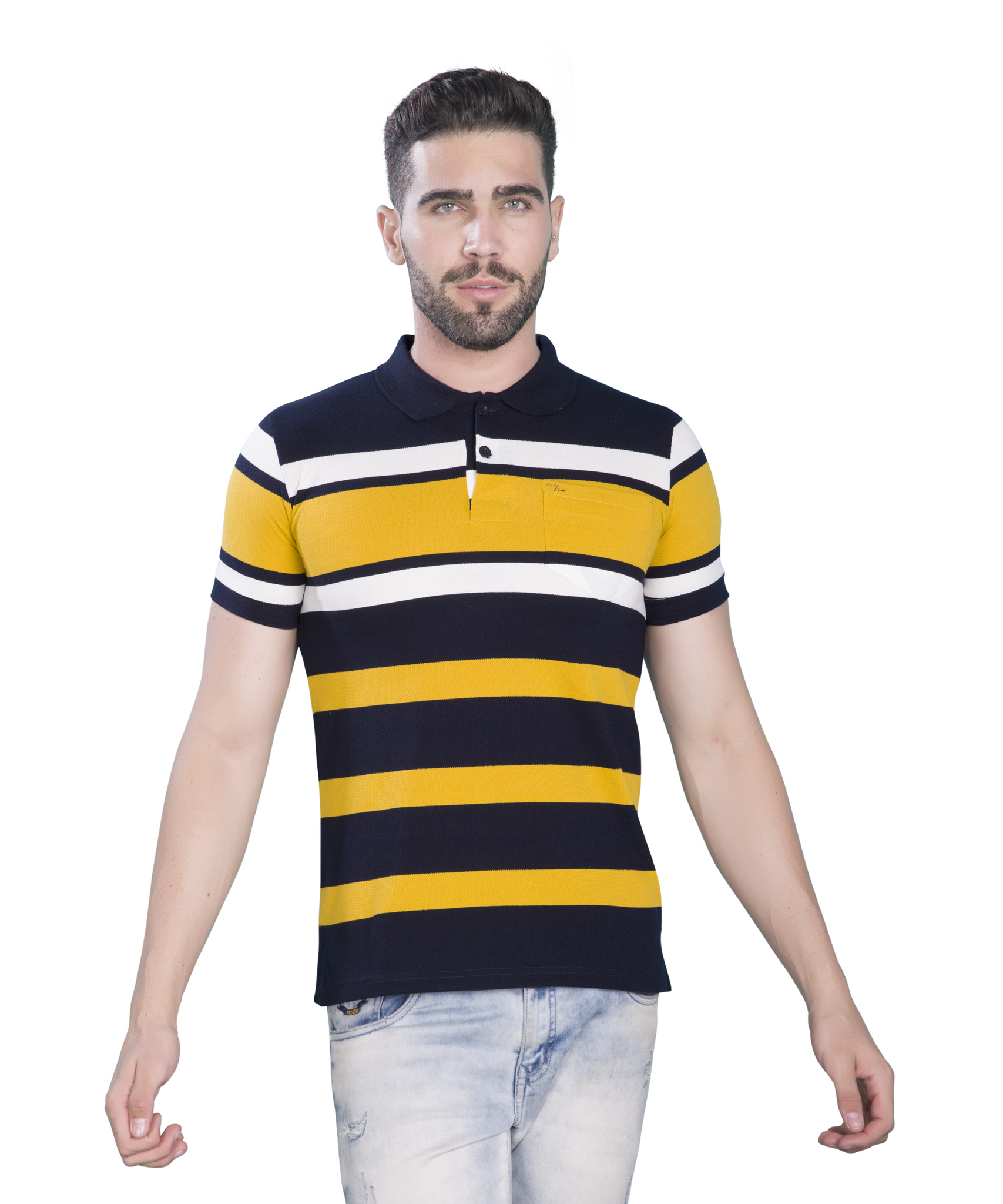 Matty Cotton Polo Multicolor T Shirt - Blue, White & Yellow