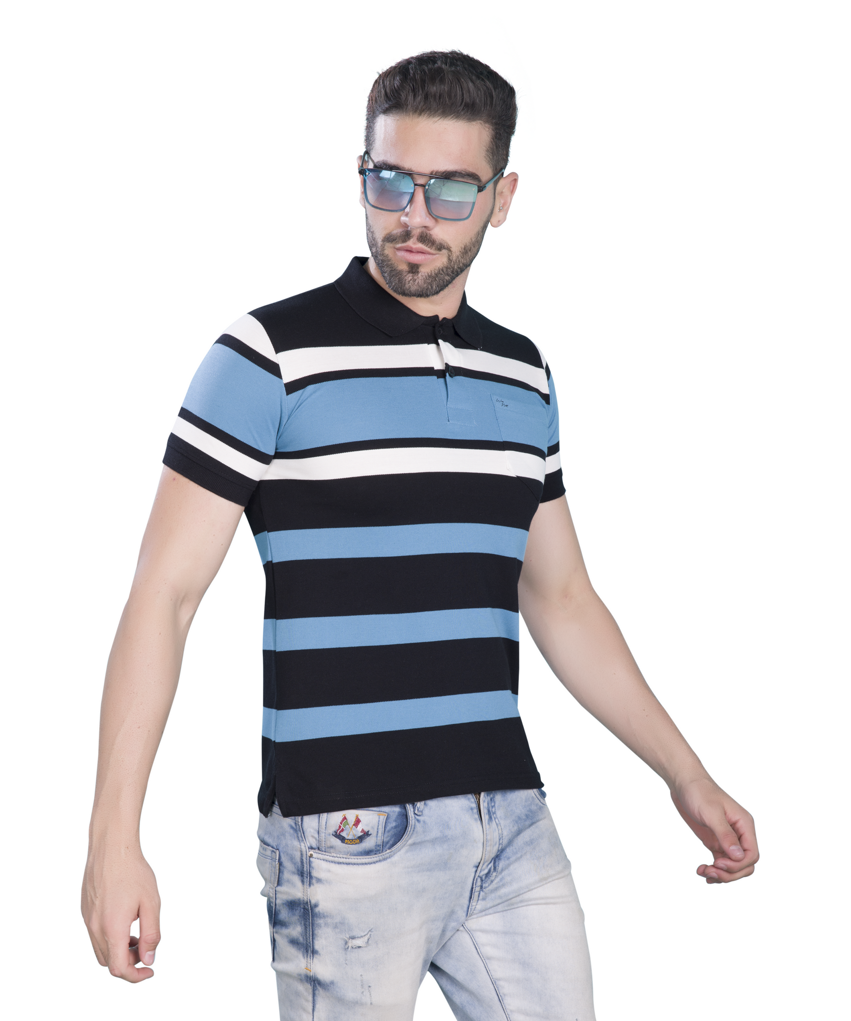 Matty Cotton Polo Multicolor T Shirt - Black & Blue