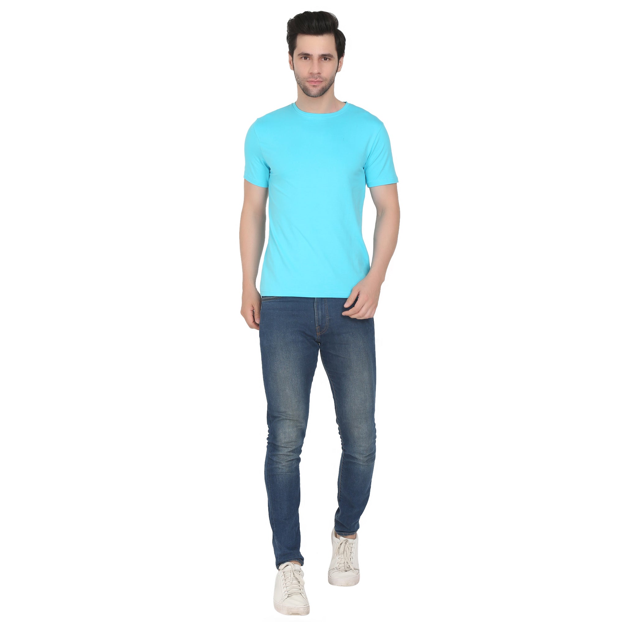 Men Four Way Stretch Cotton Plain T-shirt - Sky Blue Colour