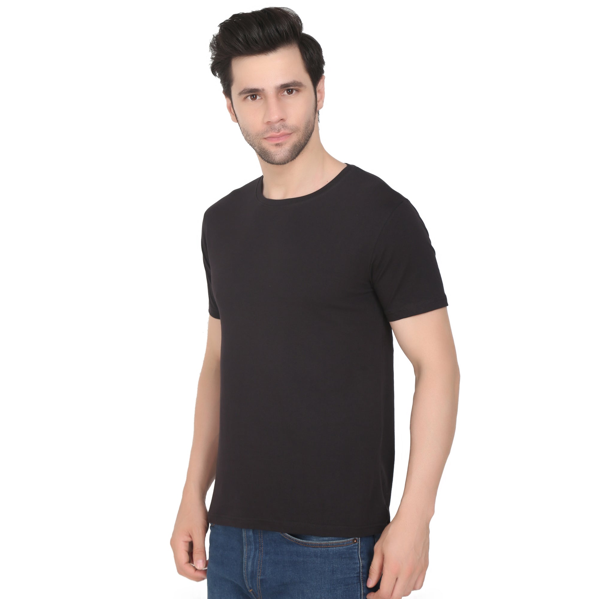 Men Four Way Stretch Cotton Plain T-shirt - Black Colour
