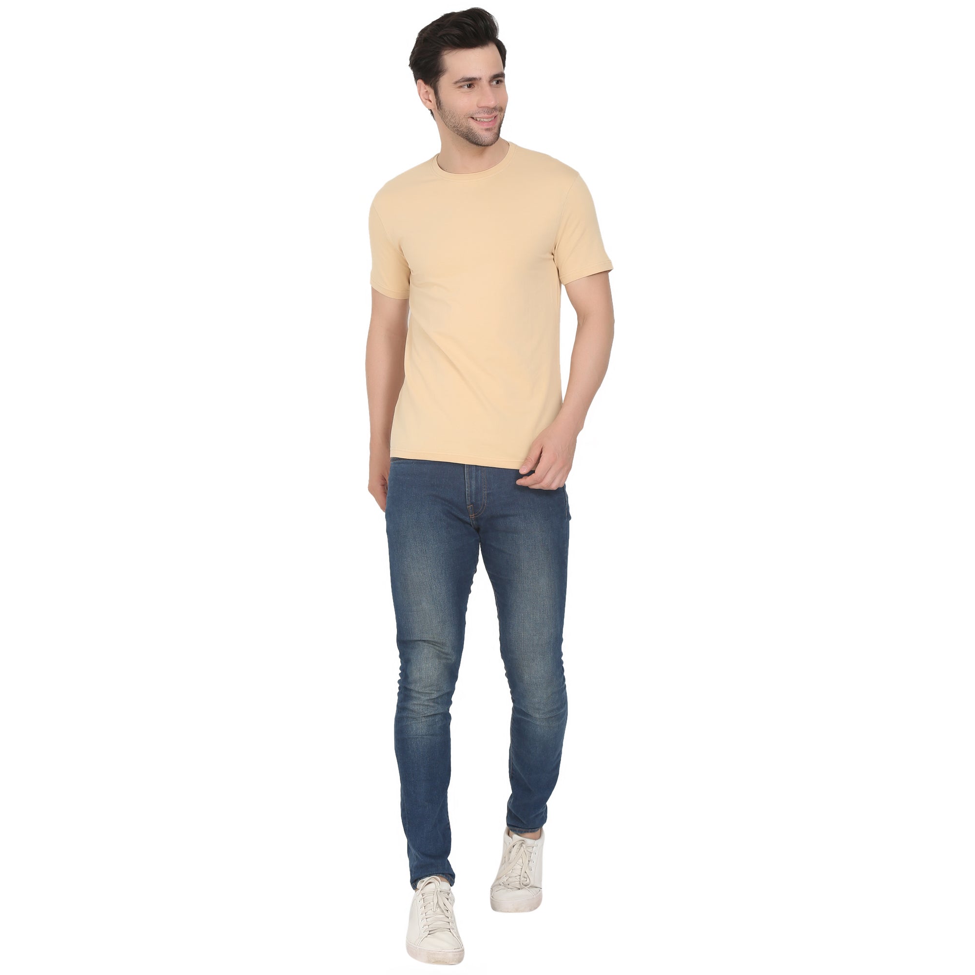 Men Four Way Stretch Cotton Plain T-shirt - Beige Colour