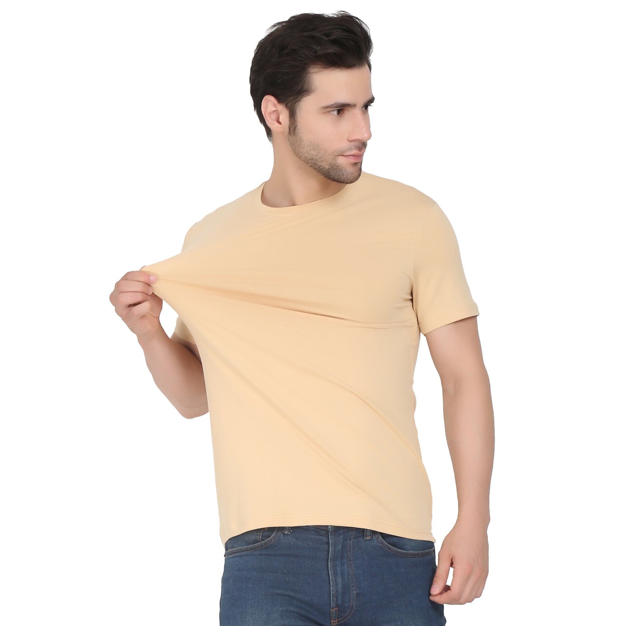 Men Four Way Stretch Cotton Plain T-shirt - Beige Colour