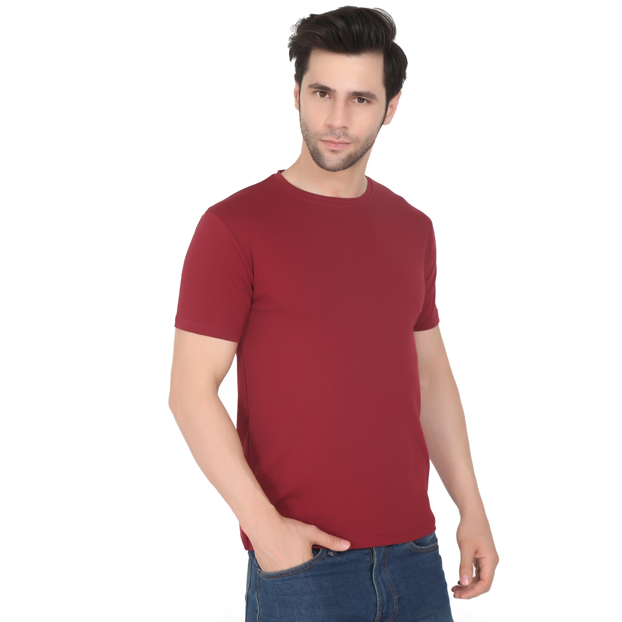 Men Four Way Stretch Cotton Plain T-shirt - Maroon Colour