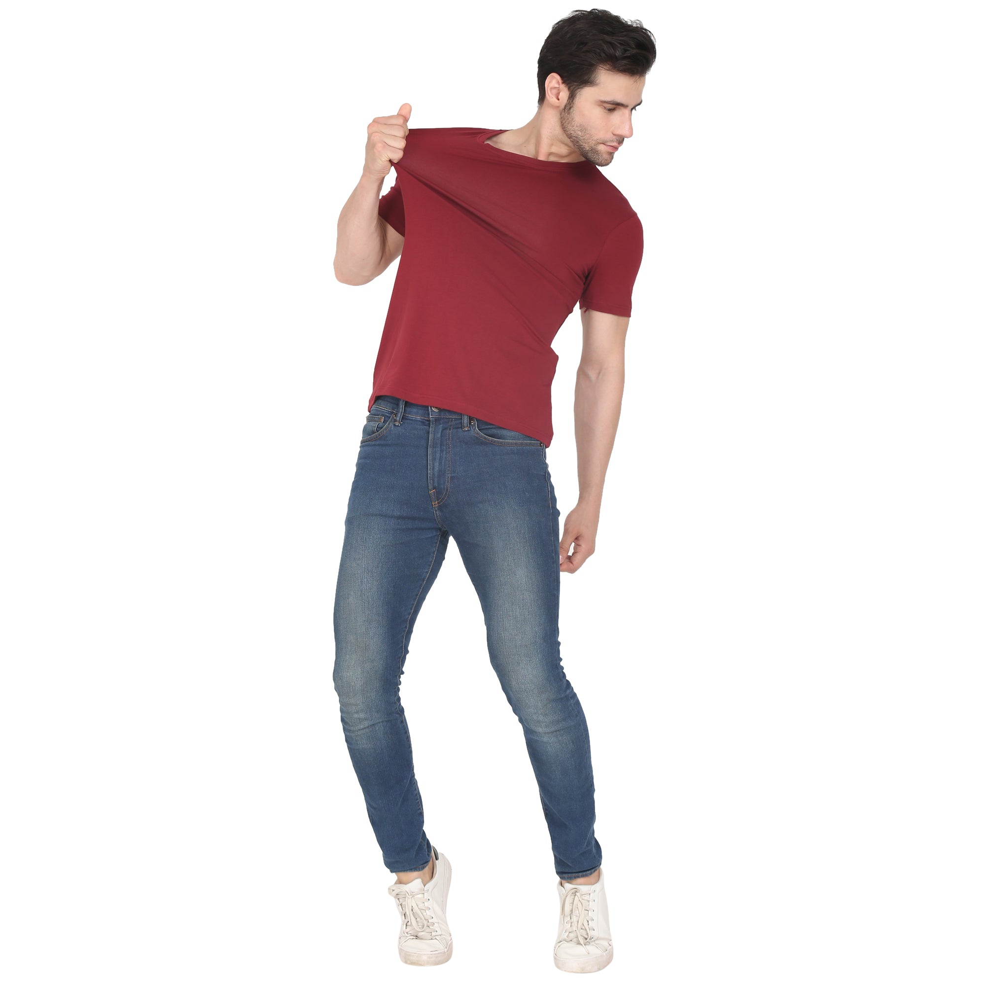 Men Four Way Stretch Cotton Plain T-shirt - Maroon Colour