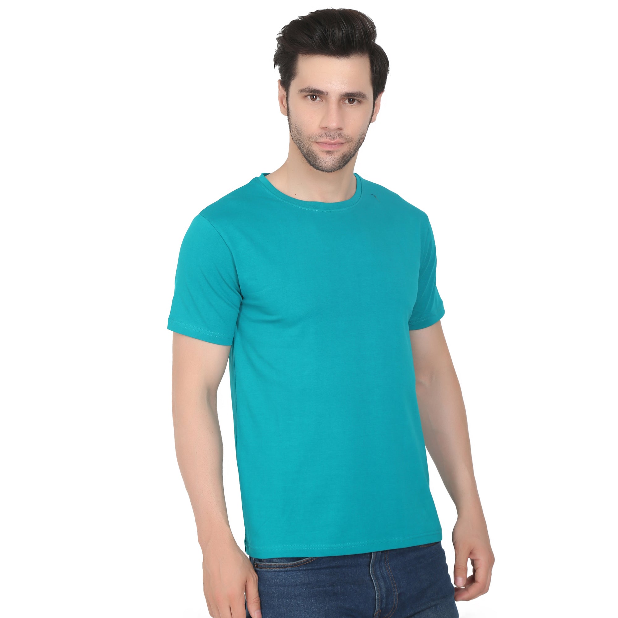 Men Four Way Stretch Cotton Plain T-shirt - Cyan Colour