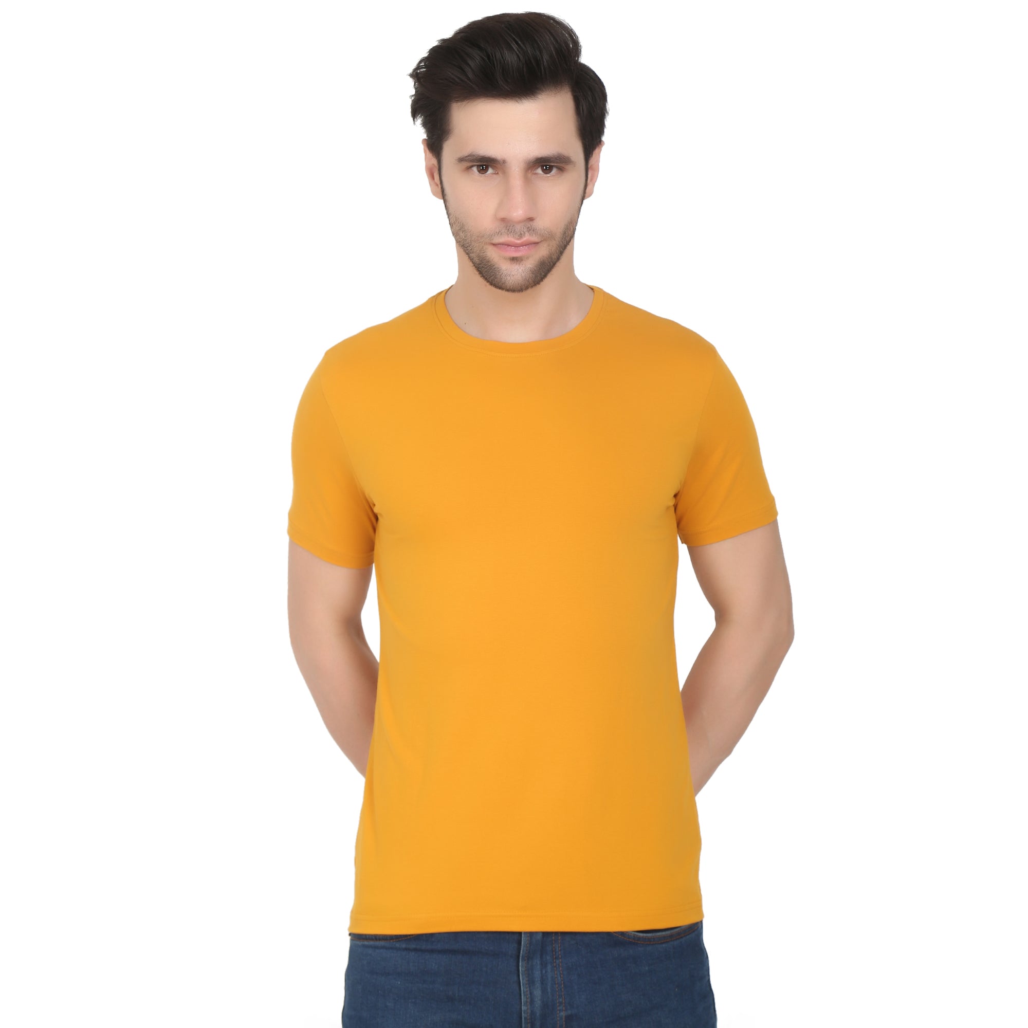 Men Four Way Stretch Cotton Plain T-shirt - Mustard Yellow Colour