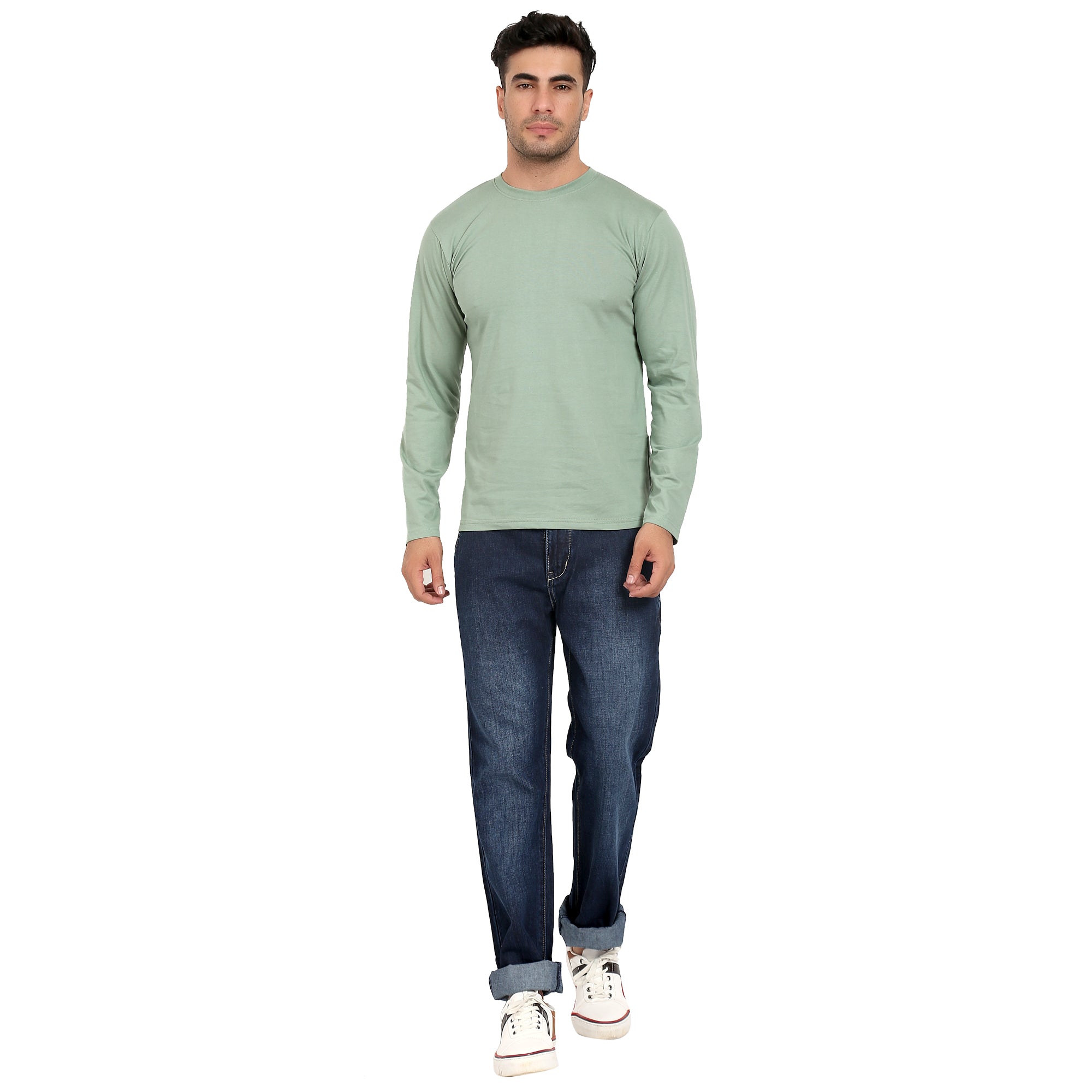 Men Crew Neck Cotton T-Shirts - Full Sleeves, Olive Colour