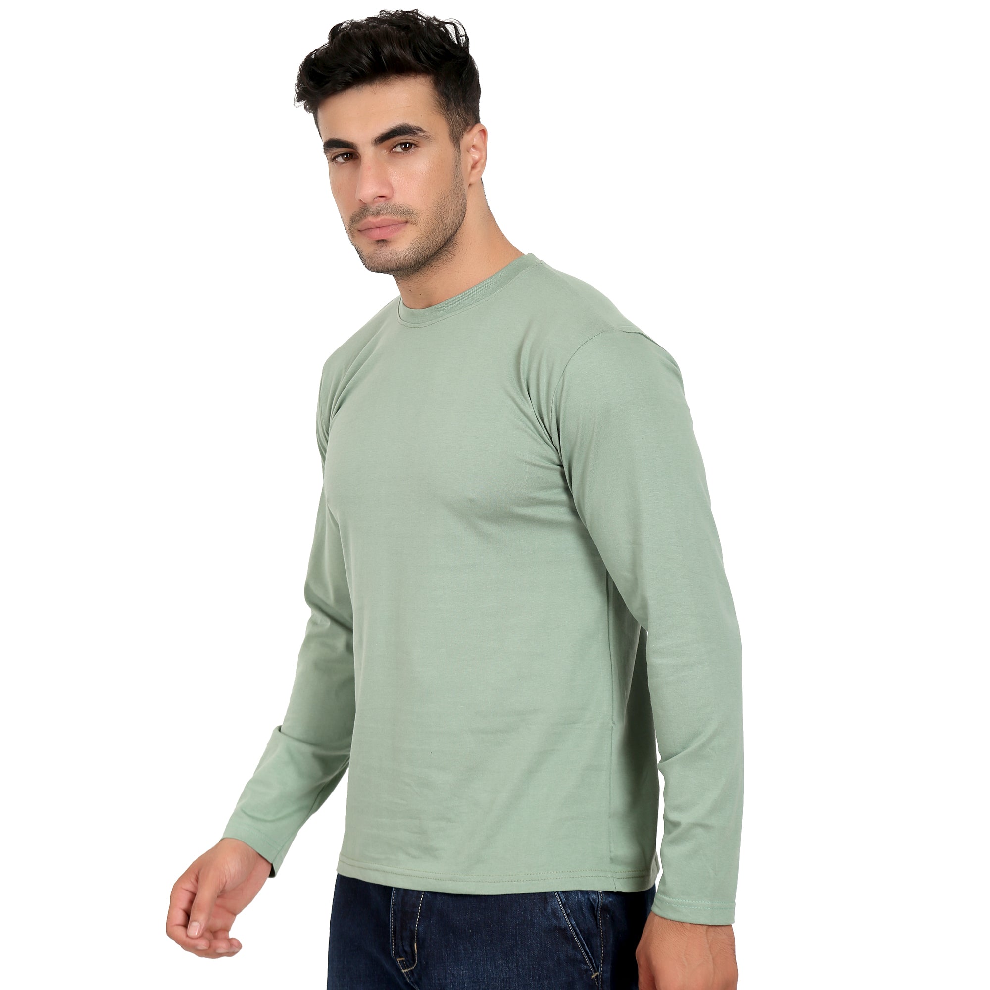 Men Crew Neck Cotton T-Shirts - Full Sleeves, Olive Colour