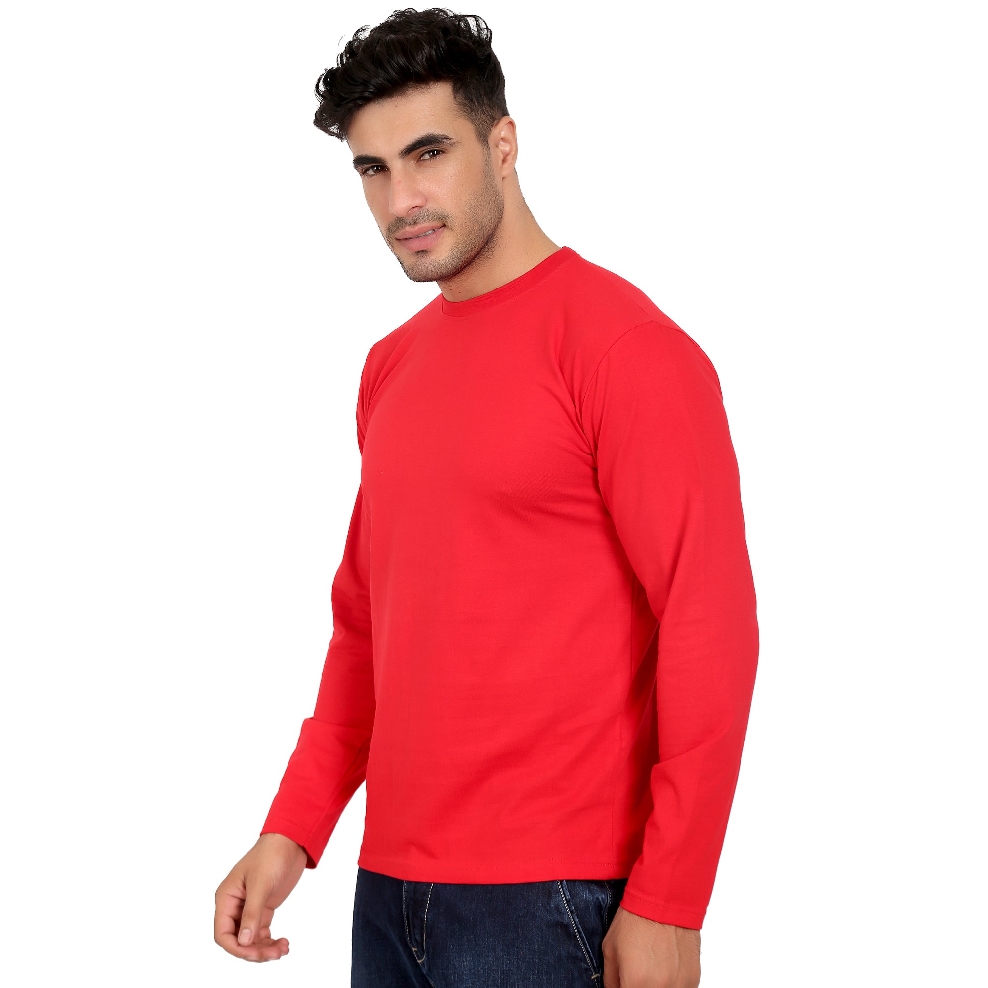 Men Crew Neck Cotton T-Shirts - Full Sleeves, Red Colour