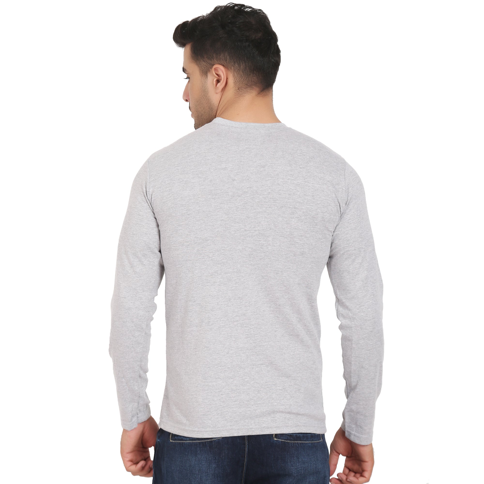 Men Crew Neck Cotton T-Shirts - Full Sleeves, Light Grey Colour