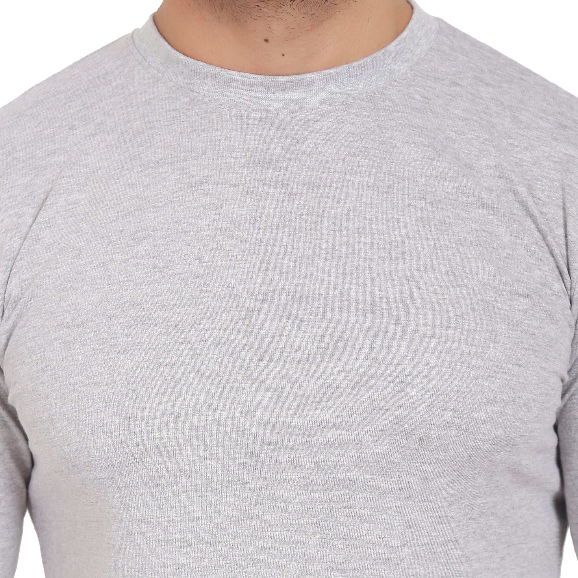 Men Crew Neck Cotton T-Shirts - Full Sleeves, Light Grey Colour