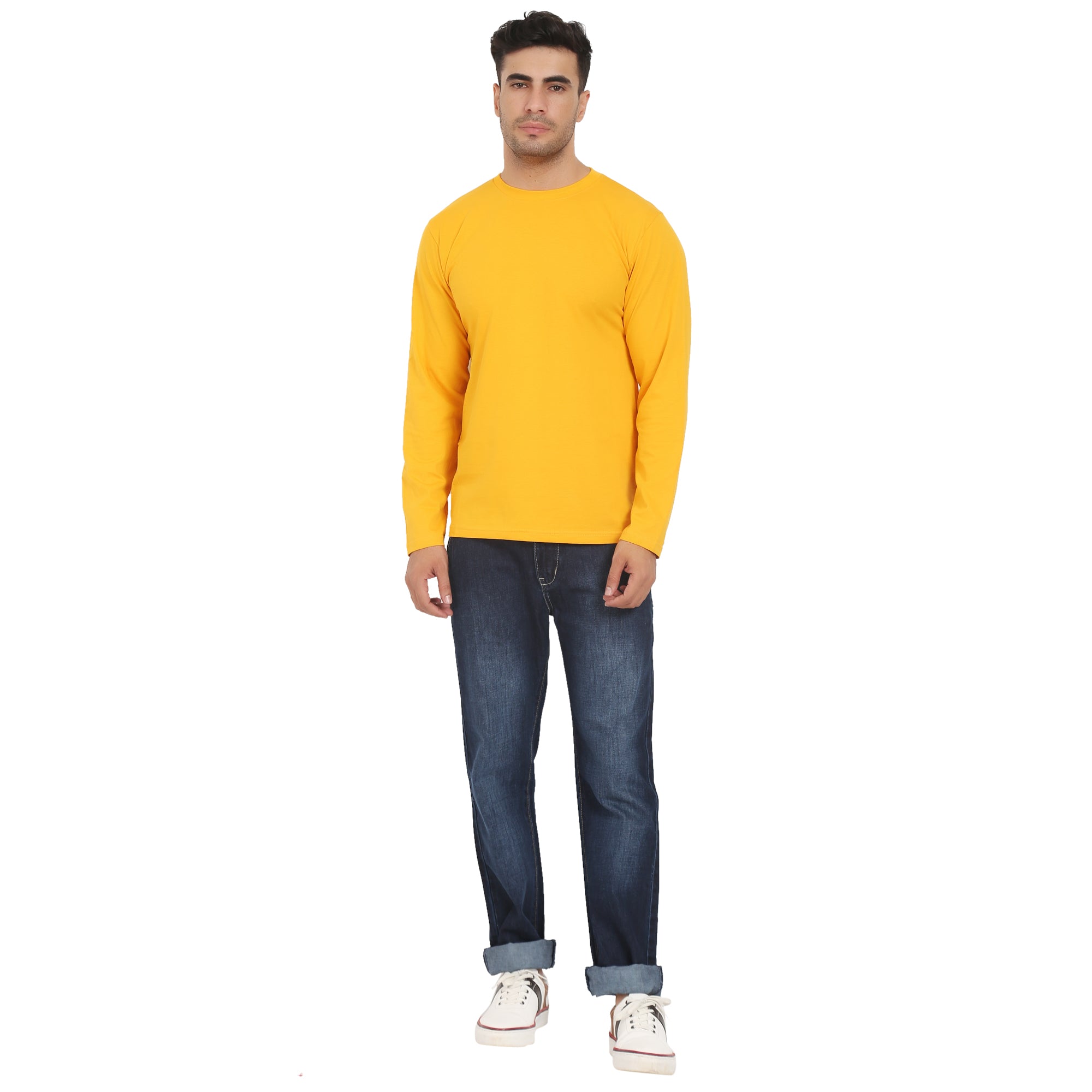 Men Crew Neck Cotton T-Shirts - Full Sleeves, Yellow Colour