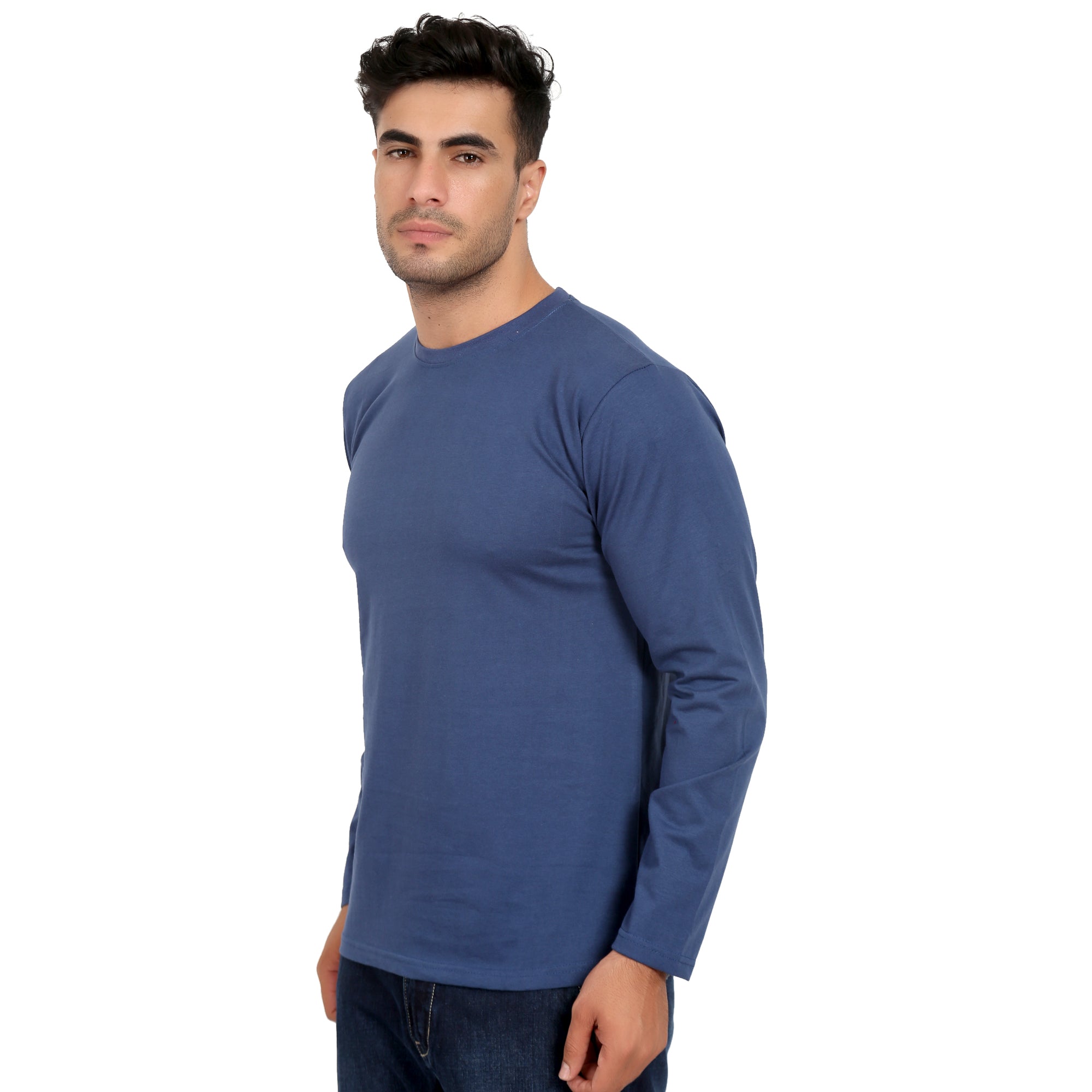 Men Crew Neck Cotton T-Shirts - Full Sleeves, Blue Colour