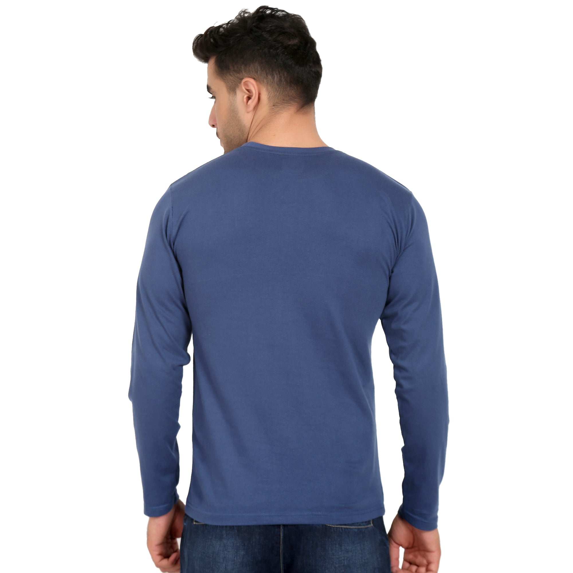 Men Crew Neck Cotton T-Shirts - Full Sleeves, Blue Colour