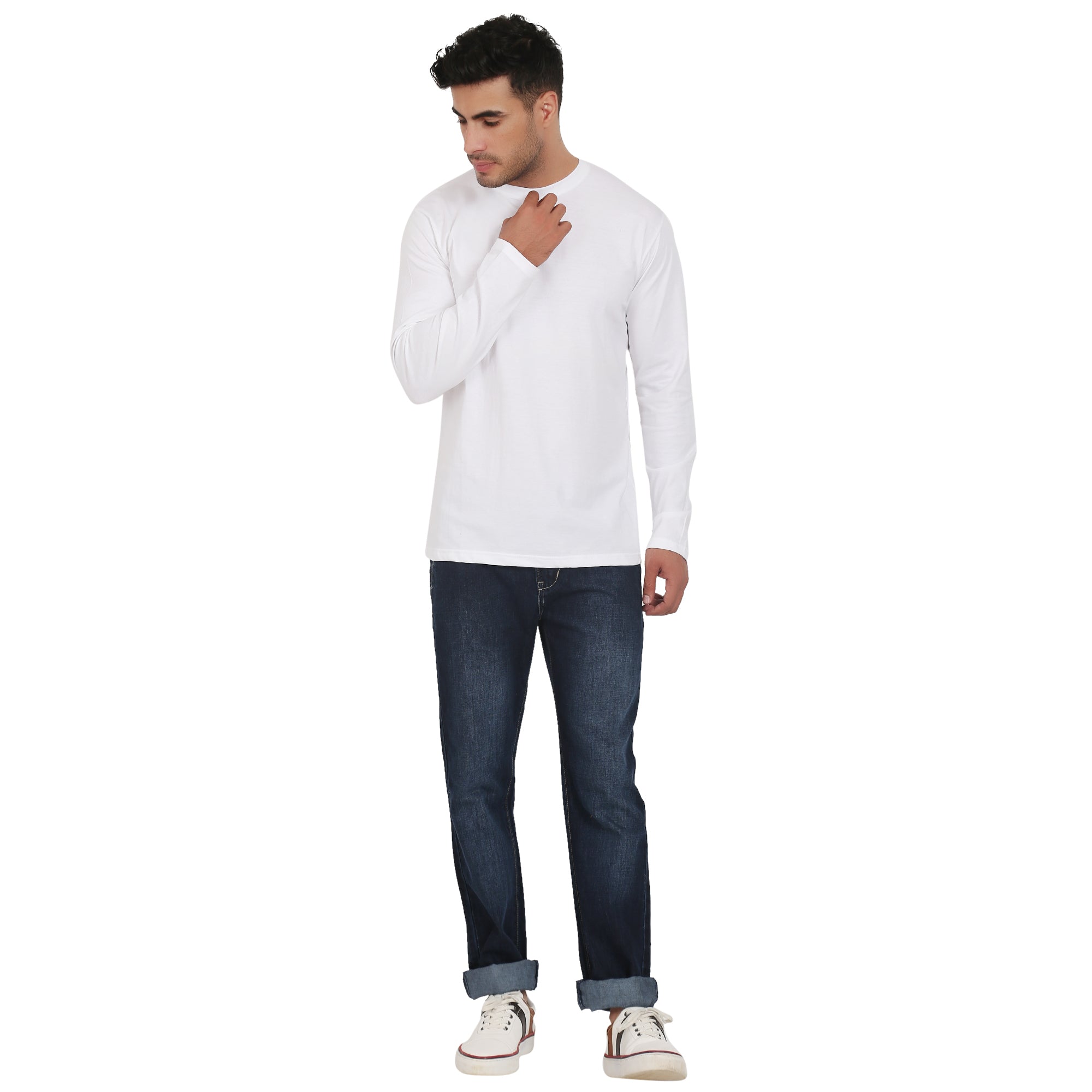 Men Crew Neck Cotton T-Shirts - Full Sleeves, White Colour