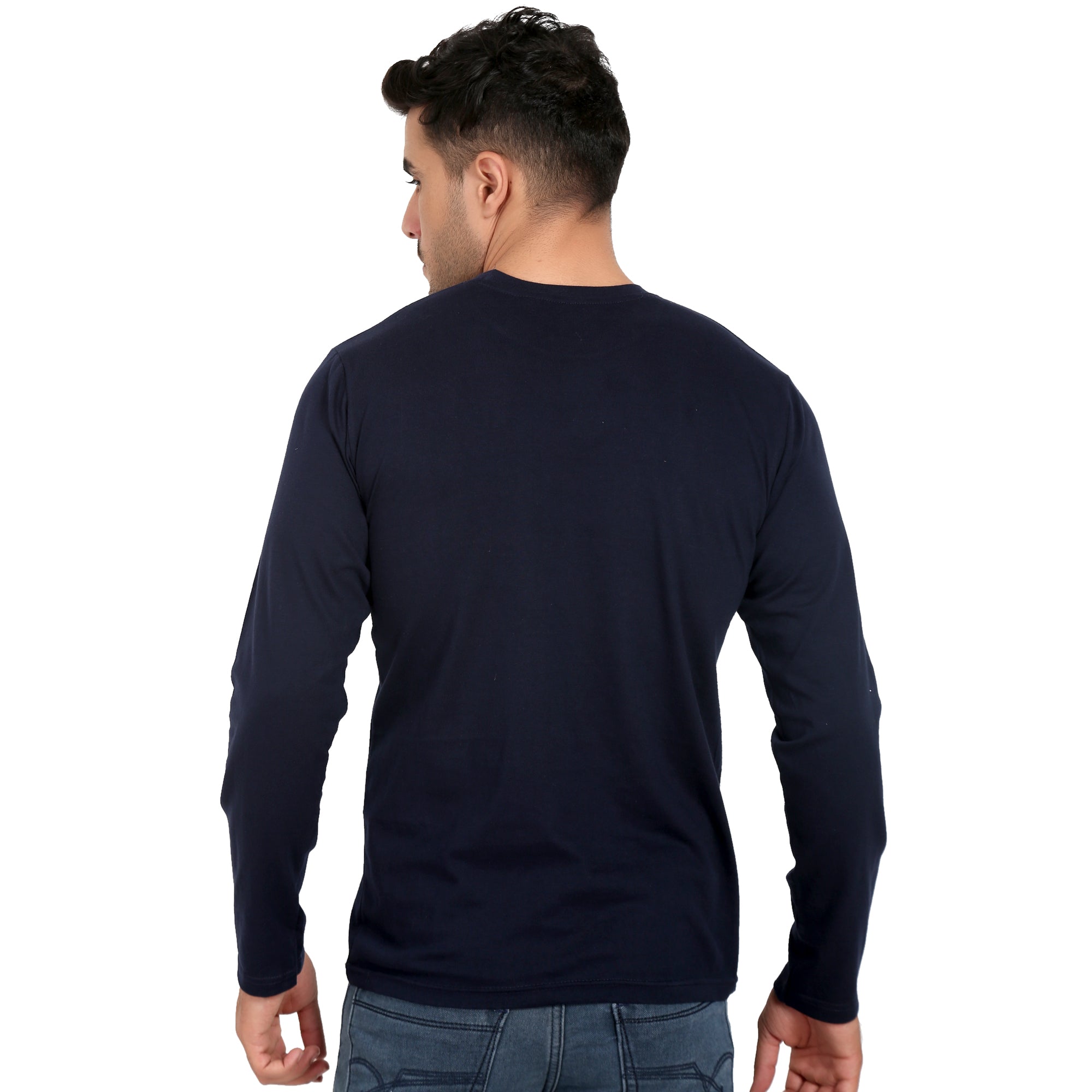 Men Crew Neck Cotton T-Shirts - Full Sleeves, Navy Blue Colour