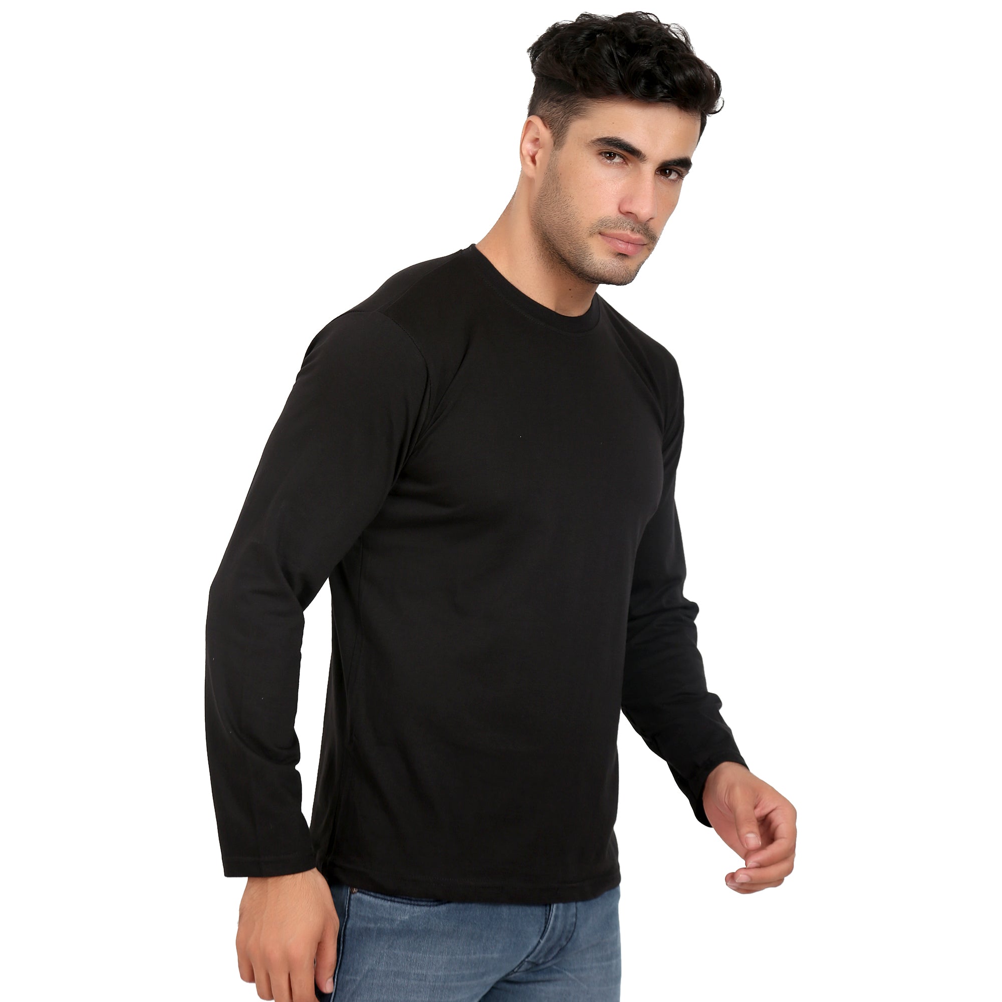 Men Crew Neck Cotton T-Shirts - Full Sleeves, Black Colour